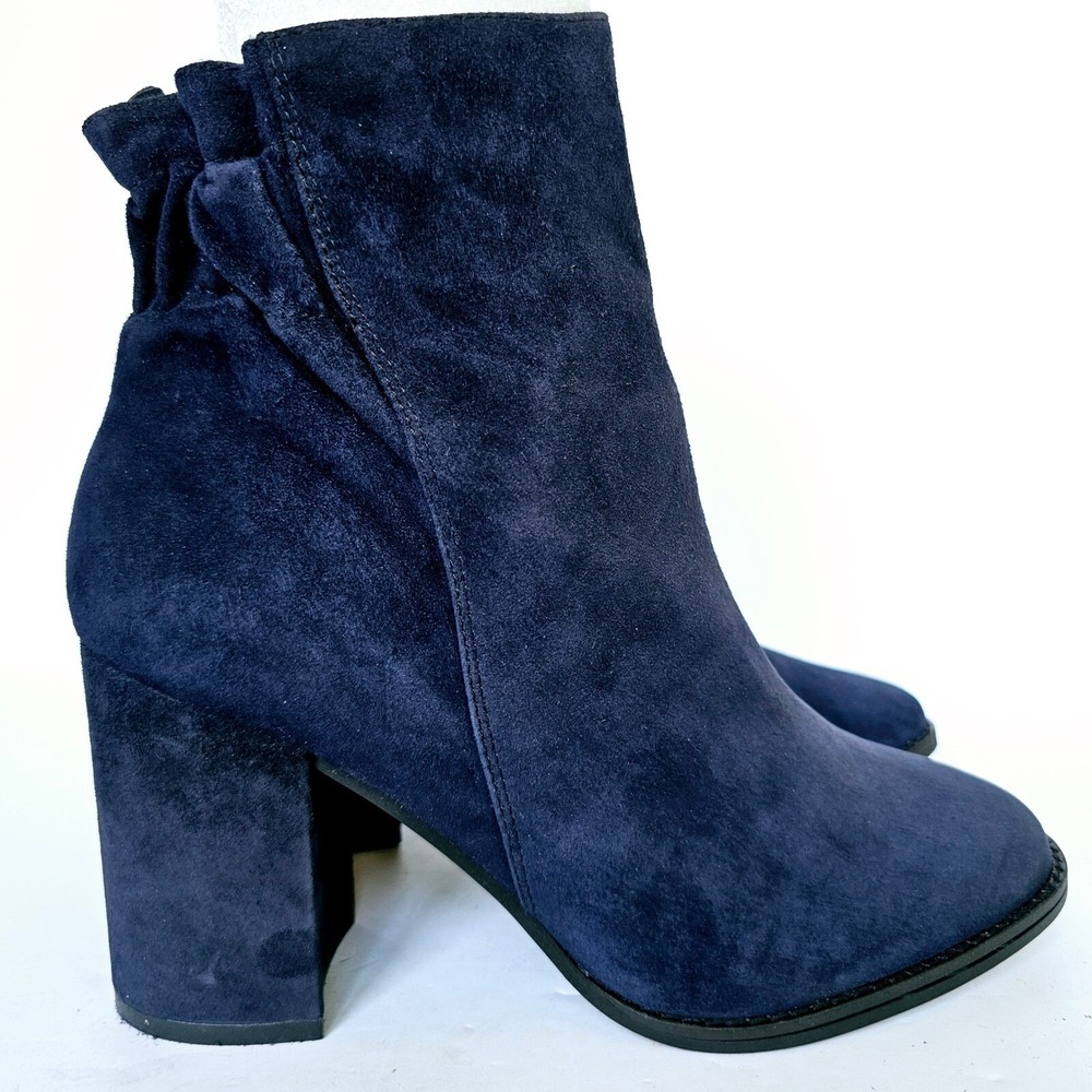 Arturo Chiang Rakel Dark Ink Navy Blue‎ Suede Ruffle Back Block Heel Ankle Boots